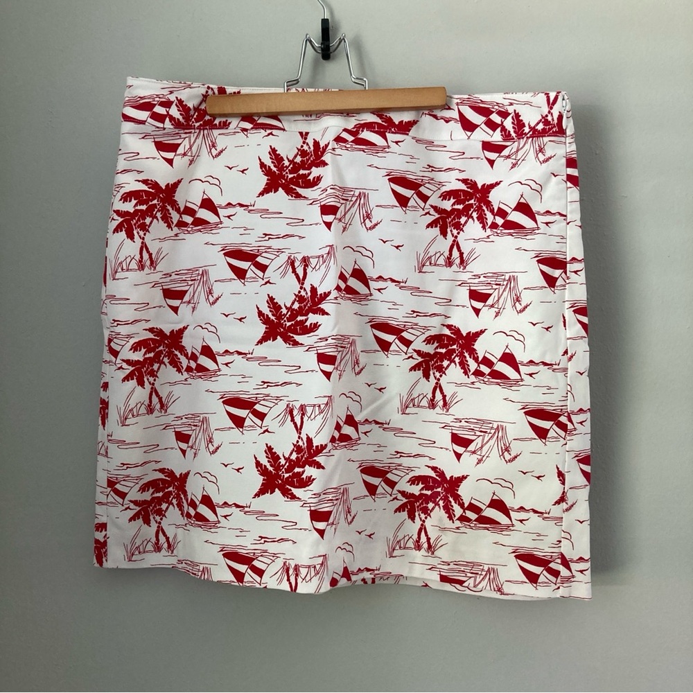 Talbots palm tree sailboat paradise graphic print mini skirt red white 14